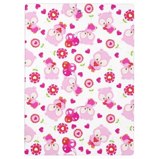 フクロウの柄、かわいいフクロウ、ピンクのフクロウ、お名前 クリップボード (裏面)