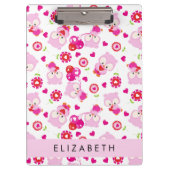 フクロウの柄、かわいいフクロウ、ピンクのフクロウ、お名前 クリップボード (正面)