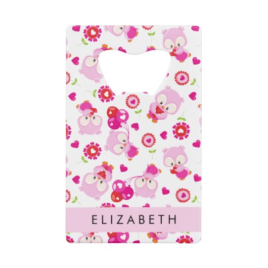 フクロウの柄、かわいいフクロウ、ピンクのフクロウ、お名前 クレジットカード栓抜き (正面)