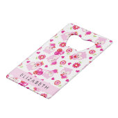 フクロウの柄、かわいいフクロウ、ピンクのフクロウ、お名前 クレジットカード栓抜き (正面アングル)