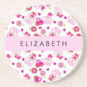 フクロウの柄、かわいいフクロウ、ピンクのフクロウ、お名前 コースター (正面)