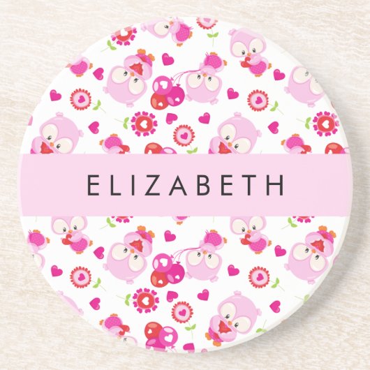 フクロウの柄、かわいいフクロウ、ピンクのフクロウ、お名前 コースター (正面)