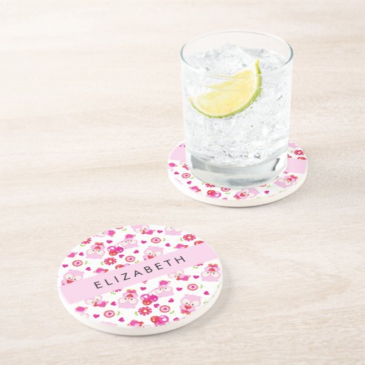 フクロウの柄、かわいいフクロウ、ピンクのフクロウ、お名前 コースター (側面)