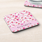 フクロウの柄、かわいいフクロウ、ピンクのフクロウ、お名前 コースター (左側)