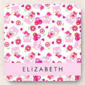 フクロウの柄、かわいいフクロウ、ピンクのフクロウ、お名前 コースター (正面)