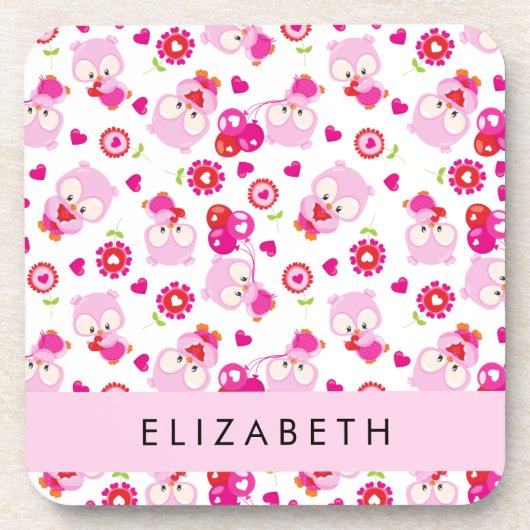 フクロウの柄、かわいいフクロウ、ピンクのフクロウ、お名前 コースター (正面)