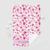 フクロウの柄、かわいいフクロウ、ピンクのフクロウ、お名前 ゴルフタオル (インサイチュ)