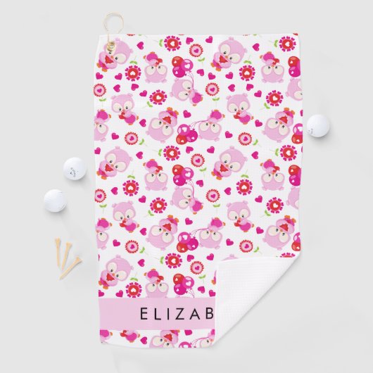 フクロウの柄、かわいいフクロウ、ピンクのフクロウ、お名前 ゴルフタオル (インサイチュ)