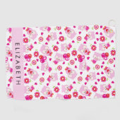 フクロウの柄、かわいいフクロウ、ピンクのフクロウ、お名前 ゴルフタオル (横)