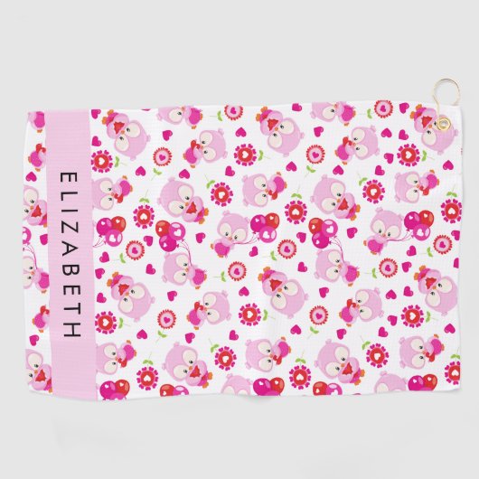 フクロウの柄、かわいいフクロウ、ピンクのフクロウ、お名前 ゴルフタオル (横)