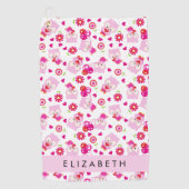 フクロウの柄、かわいいフクロウ、ピンクのフクロウ、お名前 ゴルフタオル (正面)