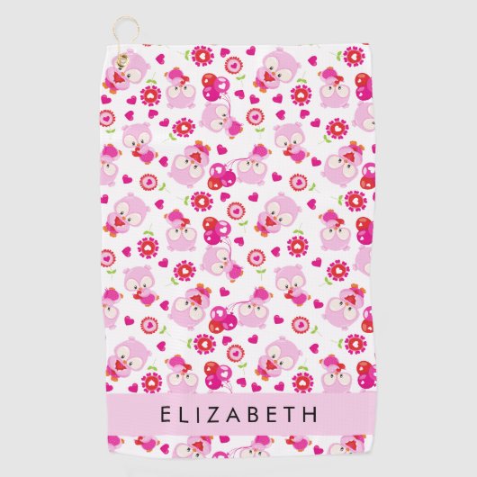 フクロウの柄、かわいいフクロウ、ピンクのフクロウ、お名前 ゴルフタオル (正面)