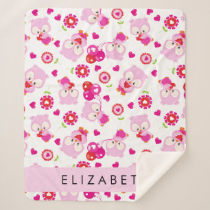 フクロウの柄、かわいいフクロウ、ピンクのフクロウ、お名前 シェルパブランケット