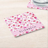 フクロウの柄、かわいいフクロウ、ピンクのフクロウ、お名前 スクエアペーパーコースター (アングル)