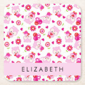 フクロウの柄、かわいいフクロウ、ピンクのフクロウ、お名前 スクエアペーパーコースター (正面)