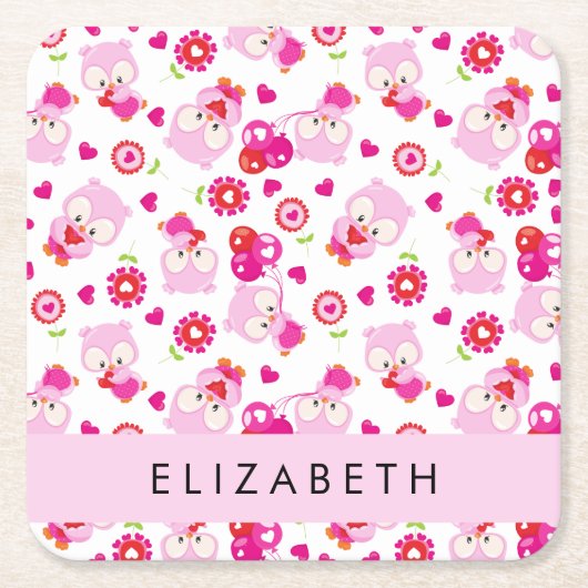 フクロウの柄、かわいいフクロウ、ピンクのフクロウ、お名前 スクエアペーパーコースター (正面)