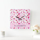 フクロウの柄、かわいいフクロウ、ピンクのフクロウ、お名前 スクエア壁時計 (ホーム)