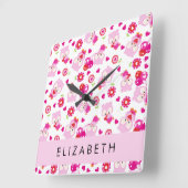 フクロウの柄、かわいいフクロウ、ピンクのフクロウ、お名前 スクエア壁時計 (傾斜)