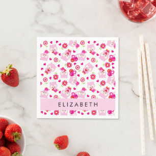 フクロウの柄、かわいいフクロウ、ピンクのフクロウ、お名前 スタンダードカクテルナプキン