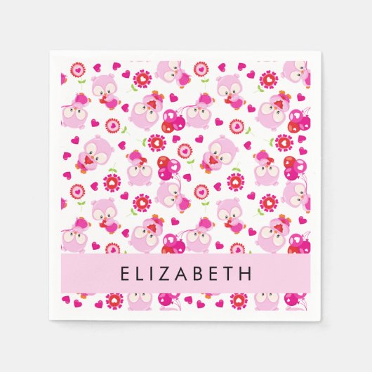 フクロウの柄、かわいいフクロウ、ピンクのフクロウ、お名前 スタンダードカクテルナプキン (正面)