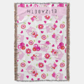 フクロウの柄、かわいいフクロウ、ピンクのフクロウ、お名前 スローブランケット (正面縦)