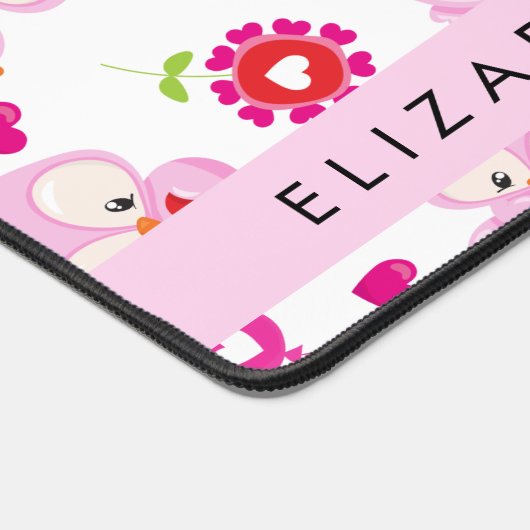 フクロウの柄、かわいいフクロウ、ピンクのフクロウ、お名前 デスクマット (コーナー)