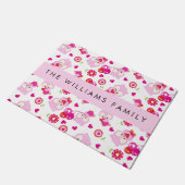 フクロウの柄、かわいいフクロウ、ピンクのフクロウ、お名前 ドアマット (アングル)