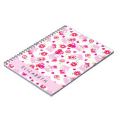 フクロウの柄、かわいいフクロウ、ピンクのフクロウ、お名前 ノートブック (左側)