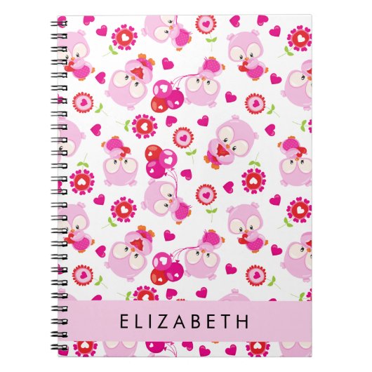フクロウの柄、かわいいフクロウ、ピンクのフクロウ、お名前 ノートブック (正面)