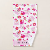 フクロウの柄、かわいいフクロウ、ピンクのフクロウ、お名前 バスタオルセット (ハンドタオル)