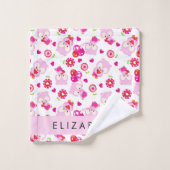 フクロウの柄、かわいいフクロウ、ピンクのフクロウ、お名前 バスタオルセット (ウォッシュタオル)