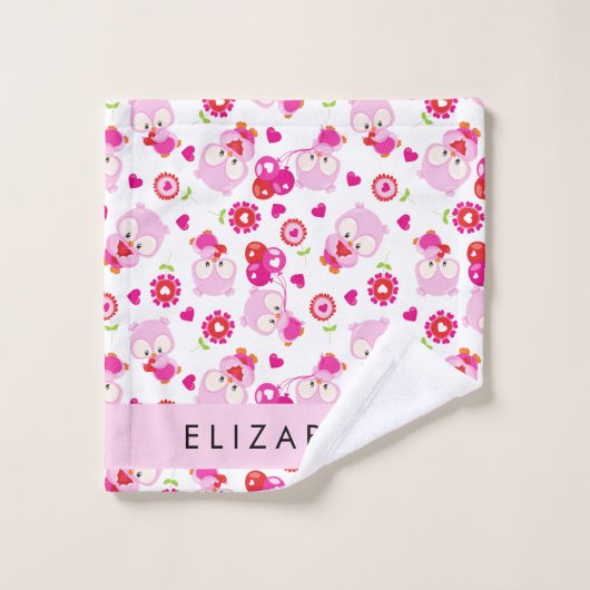 フクロウの柄、かわいいフクロウ、ピンクのフクロウ、お名前 バスタオルセット (ウォッシュタオル)