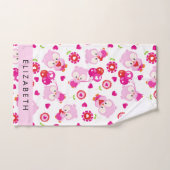 フクロウの柄、かわいいフクロウ、ピンクのフクロウ、お名前 バスタオルセット (ハンドタオル)