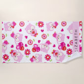 フクロウの柄、かわいいフクロウ、ピンクのフクロウ、お名前 ビーチタオル (正面)