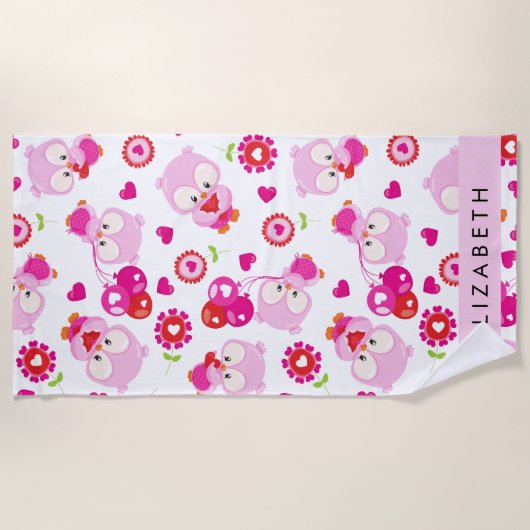 フクロウの柄、かわいいフクロウ、ピンクのフクロウ、お名前 ビーチタオル (正面)