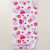 フクロウの柄、かわいいフクロウ、ピンクのフクロウ、お名前 ビーチタオル (正面)