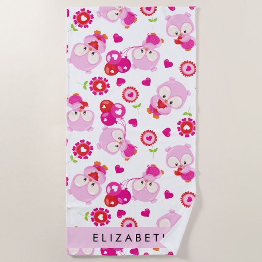 フクロウの柄、かわいいフクロウ、ピンクのフクロウ、お名前 ビーチタオル (正面)