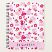 フクロウの柄、かわいいフクロウ、ピンクのフクロウ、お名前 プランナー手帳 (正面)