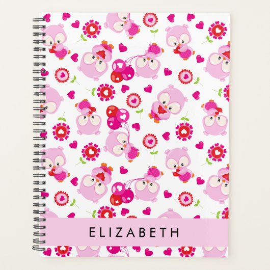 フクロウの柄、かわいいフクロウ、ピンクのフクロウ、お名前 プランナー手帳 (正面)