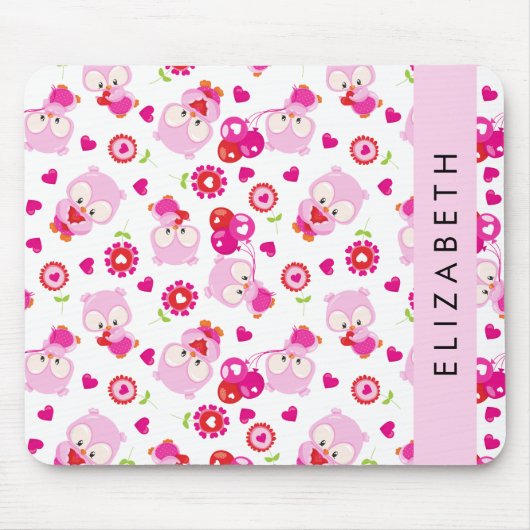 フクロウの柄、かわいいフクロウ、ピンクのフクロウ、お名前 マウスパッド (正面)