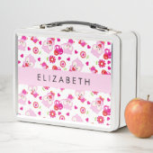 フクロウの柄、かわいいフクロウ、ピンクのフクロウ、お名前 メタルランチボックス (インサイチュ)