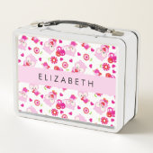 フクロウの柄、かわいいフクロウ、ピンクのフクロウ、お名前 メタルランチボックス (裏面)