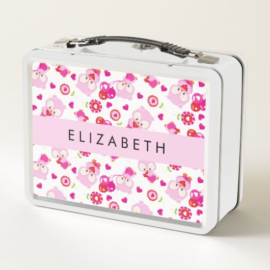 フクロウの柄、かわいいフクロウ、ピンクのフクロウ、お名前 メタルランチボックス (裏面)