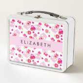 フクロウの柄、かわいいフクロウ、ピンクのフクロウ、お名前 メタルランチボックス (正面)