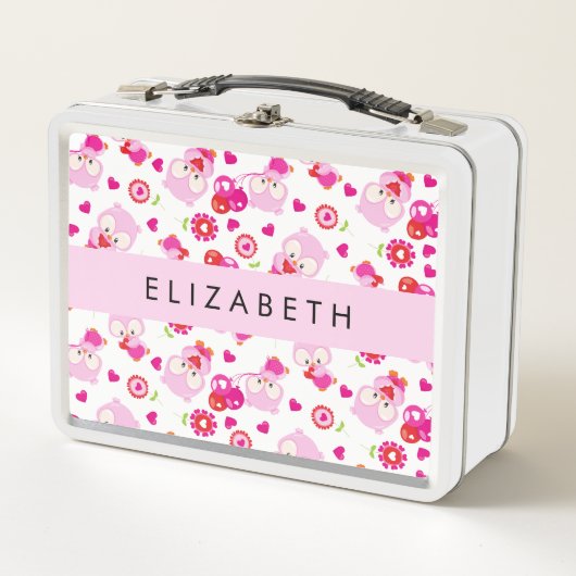 フクロウの柄、かわいいフクロウ、ピンクのフクロウ、お名前 メタルランチボックス (正面)