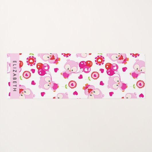 フクロウの柄、かわいいフクロウ、ピンクのフクロウ、お名前 ヨガマット (裏面(横))