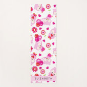 フクロウの柄、かわいいフクロウ、ピンクのフクロウ、お名前 ヨガマット (正面)