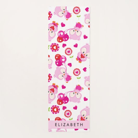 フクロウの柄、かわいいフクロウ、ピンクのフクロウ、お名前 ヨガマット (裏面)