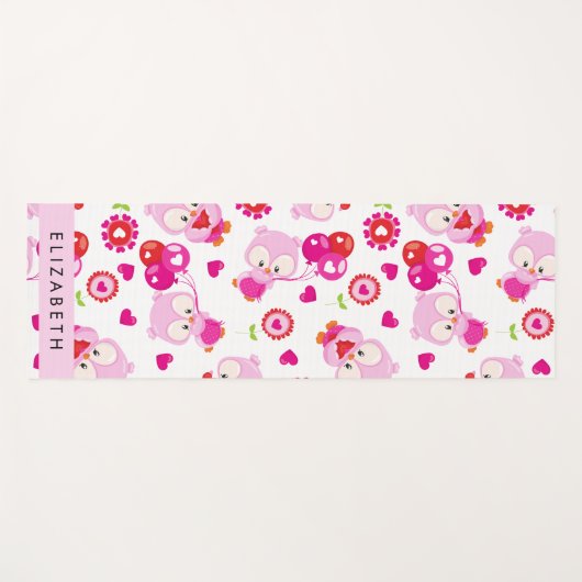 フクロウの柄、かわいいフクロウ、ピンクのフクロウ、お名前 ヨガマット (正面(横))