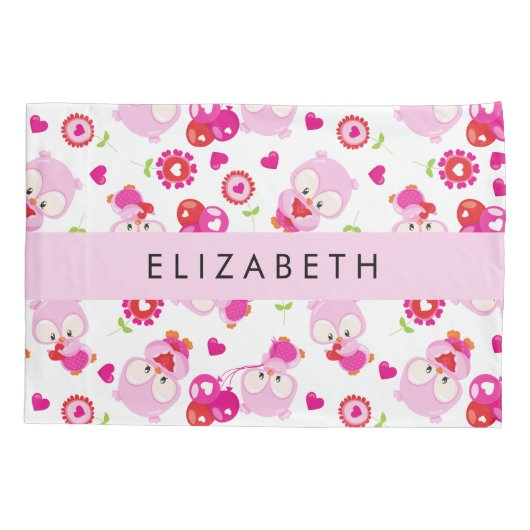 フクロウの柄、かわいいフクロウ、ピンクのフクロウ、お名前 枕カバー (裏面)